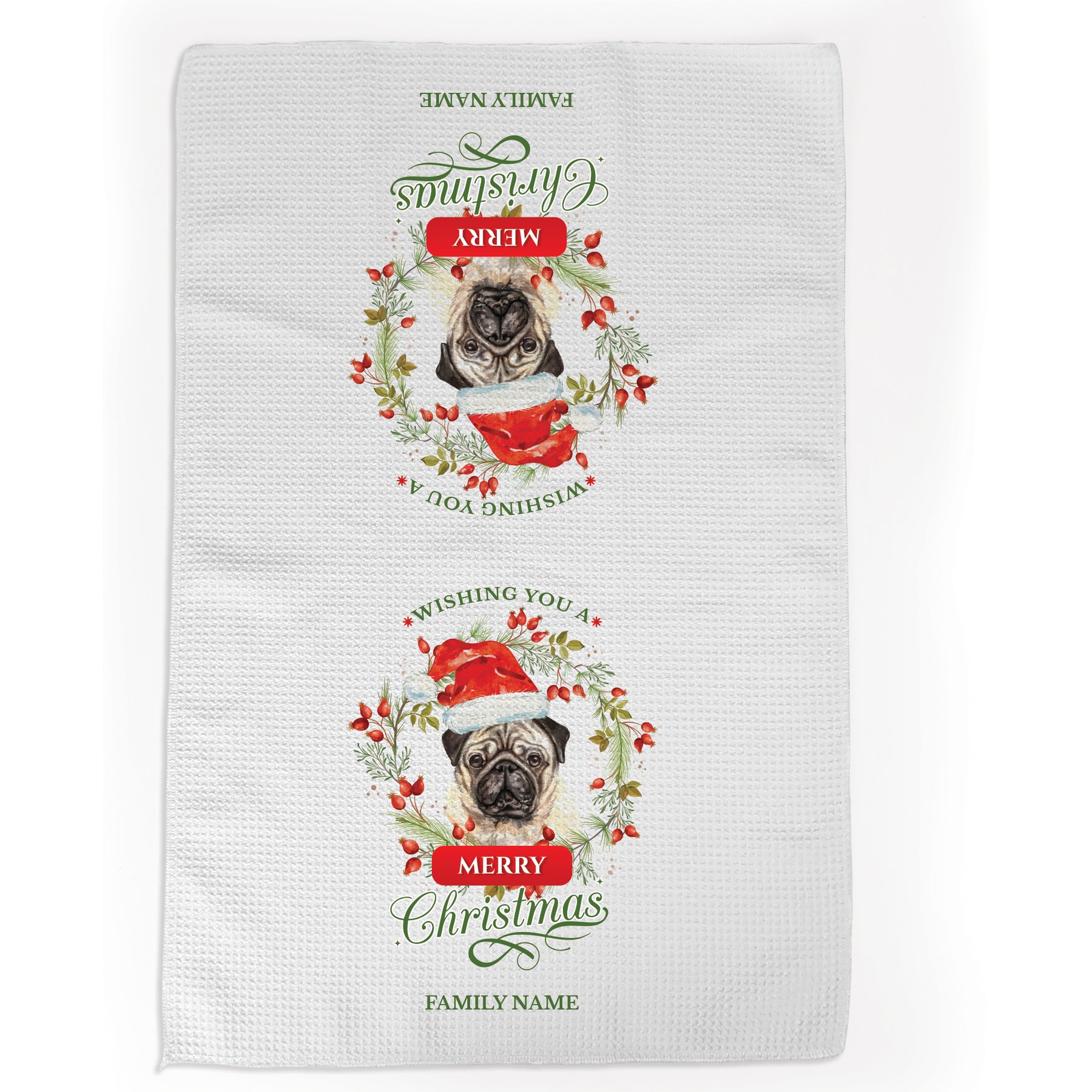 PGS Pug Wishing You A Merry Christmas Watercolor Pet Breeds Waffle Weave Towel, White/Red/Green, 16 x 24-in