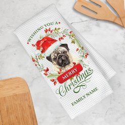 PGS Pug Wishing You A Merry Christmas Watercolor Pet Breeds Waffle Weave Towel, White/Red/Green, 16 x 24-in slide 2 of 2
