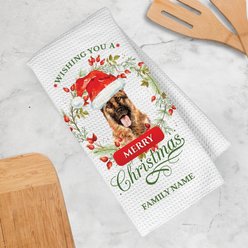 PGS German Shepherd Wishing You A Merry Christmas Watercolor Pet Breeds Waffle Weave Towel, White/Red/Green, 16 x 24-in slide 2 of 2