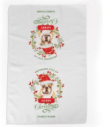 PGS Bulldog Wishing You A Merry Christmas Watercolor Pet Breeds Waffle Weave Towel, White/Red/Green, 16 x 24-in