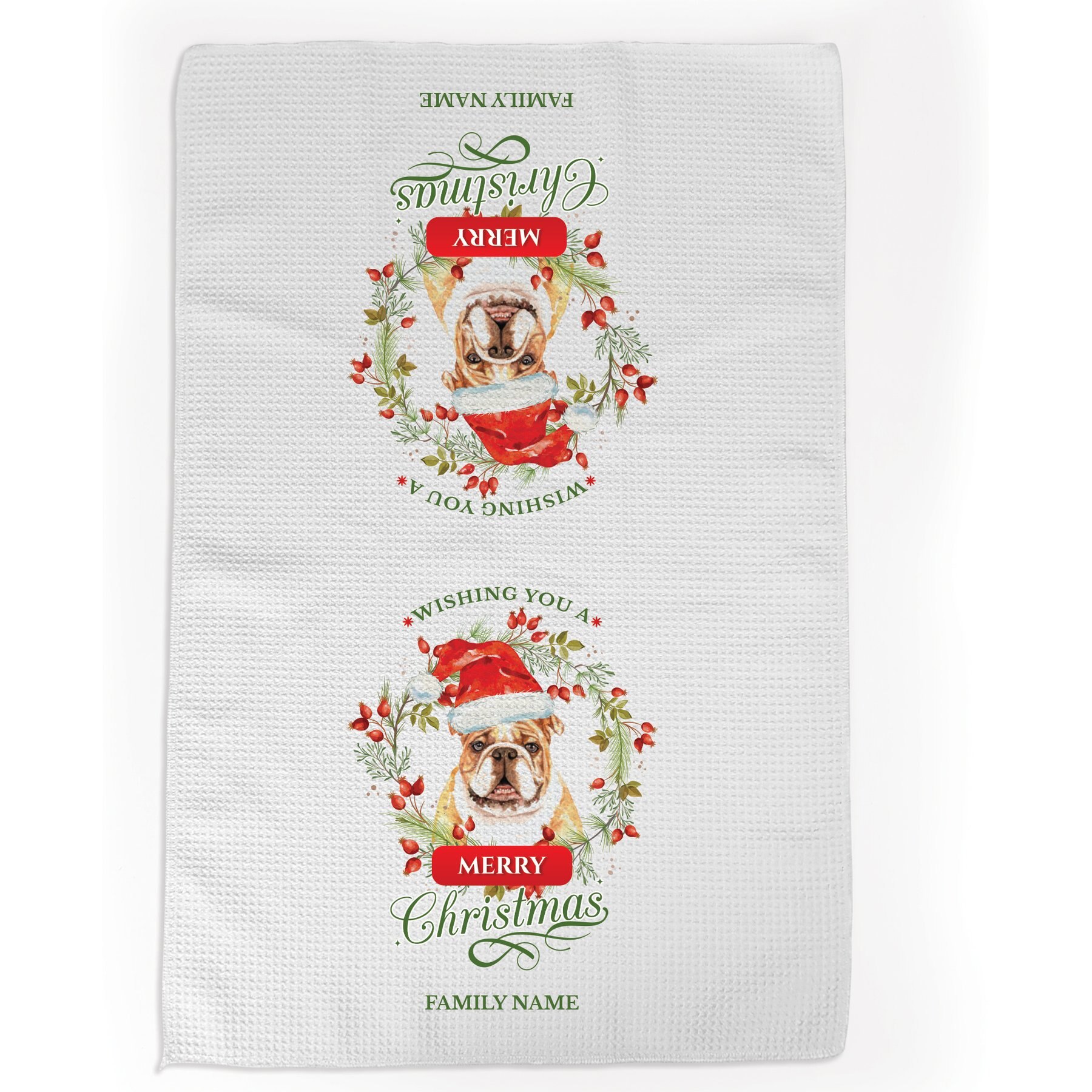 PGS Bulldog Wishing You A Merry Christmas Watercolor Pet Breeds Waffle Weave Towel, White/Red/Green, 16 x 24-in