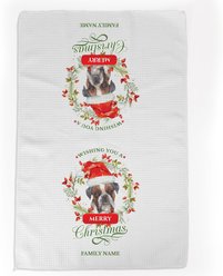 PGS Boxer Wishing You A Merry Christmas Watercolor Pet Breeds Waffle Weave Towel, White/Red/Green, 16 x 24-in