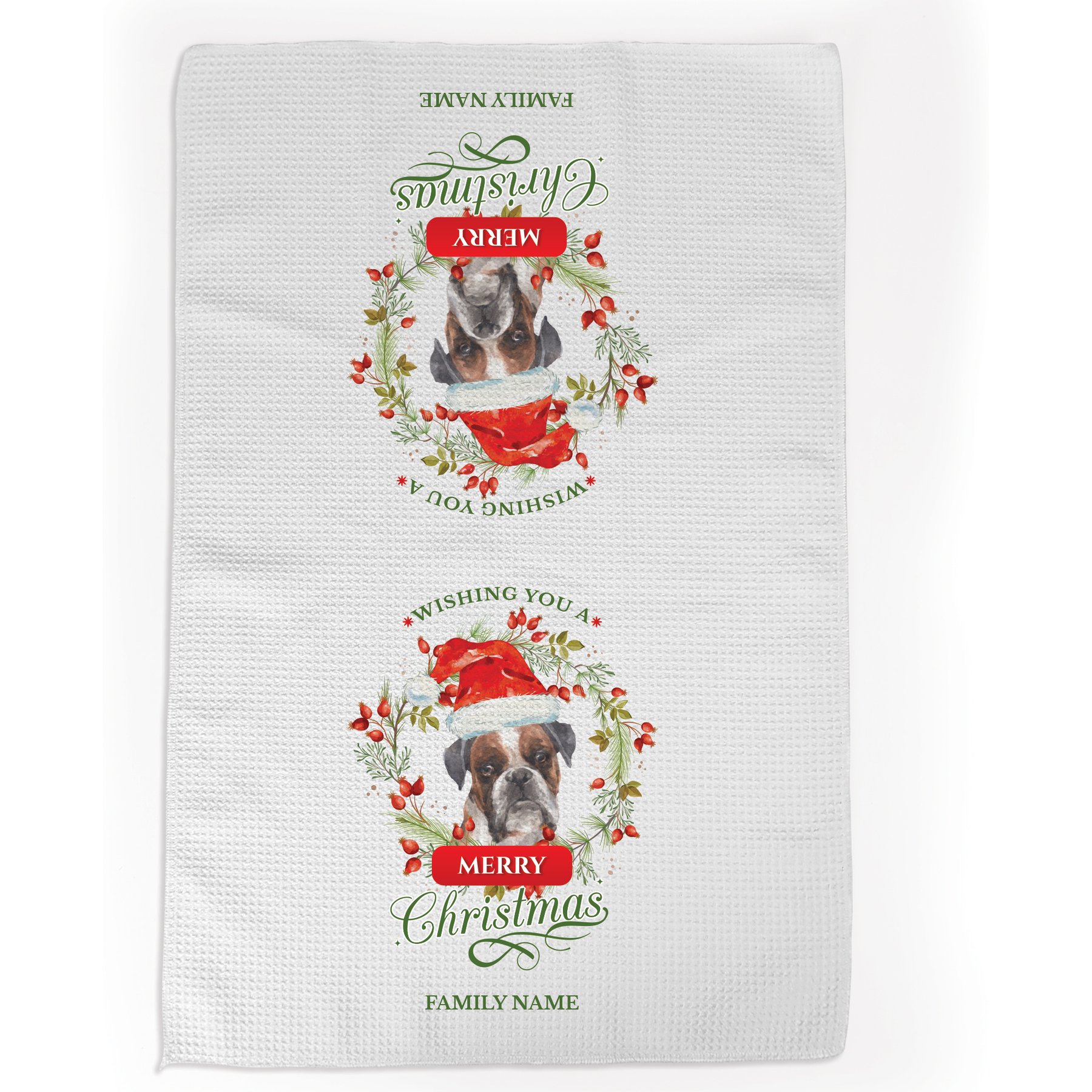 PGS Boxer Wishing You A Merry Christmas Watercolor Pet Breeds Waffle Weave Towel, White/Red/Green, 16 x 24-in