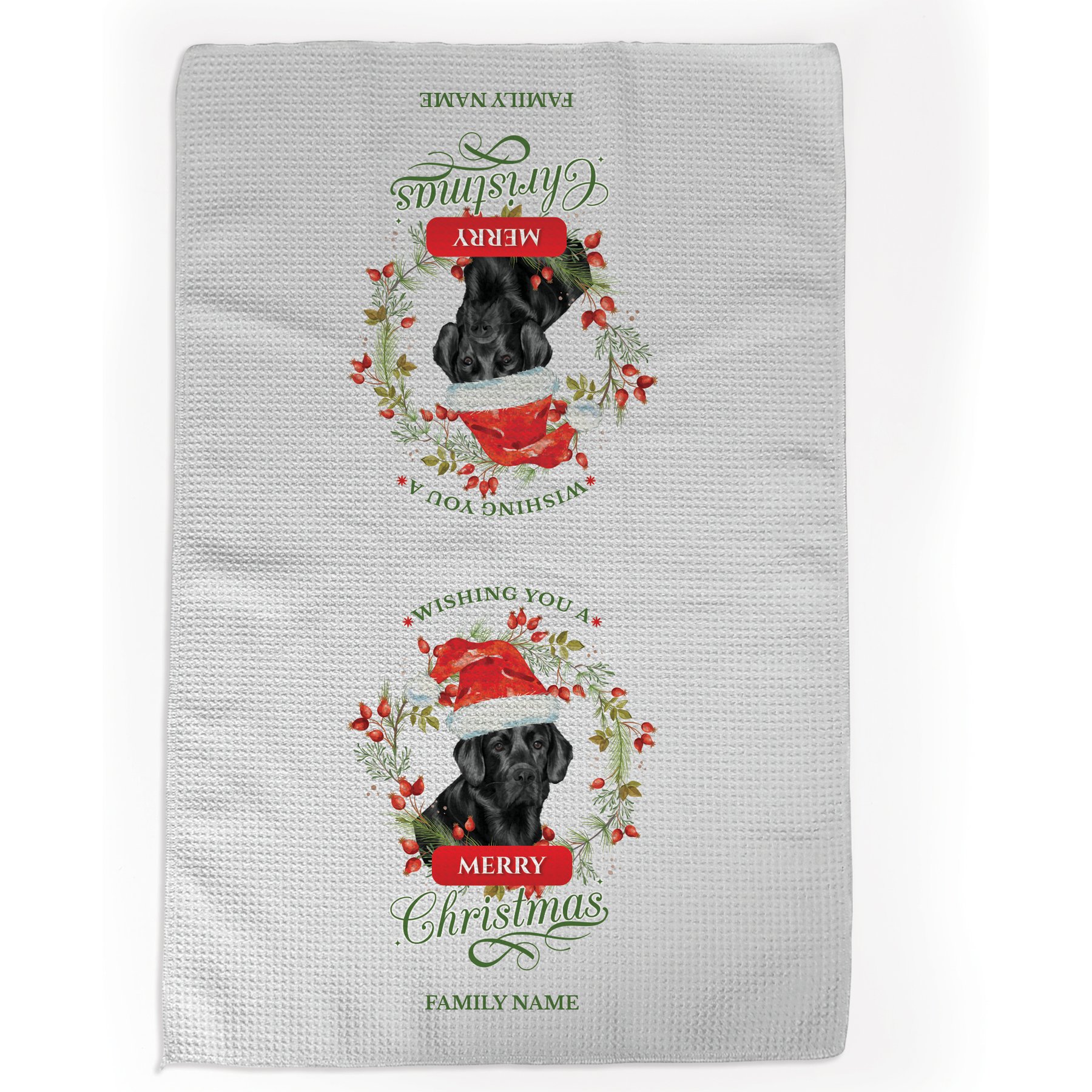 PGS Black Lab Wishing You A Merry Christmas Watercolor Pet Breeds Waffle Weave Towel, White/Red/Green, 16 x 24-in