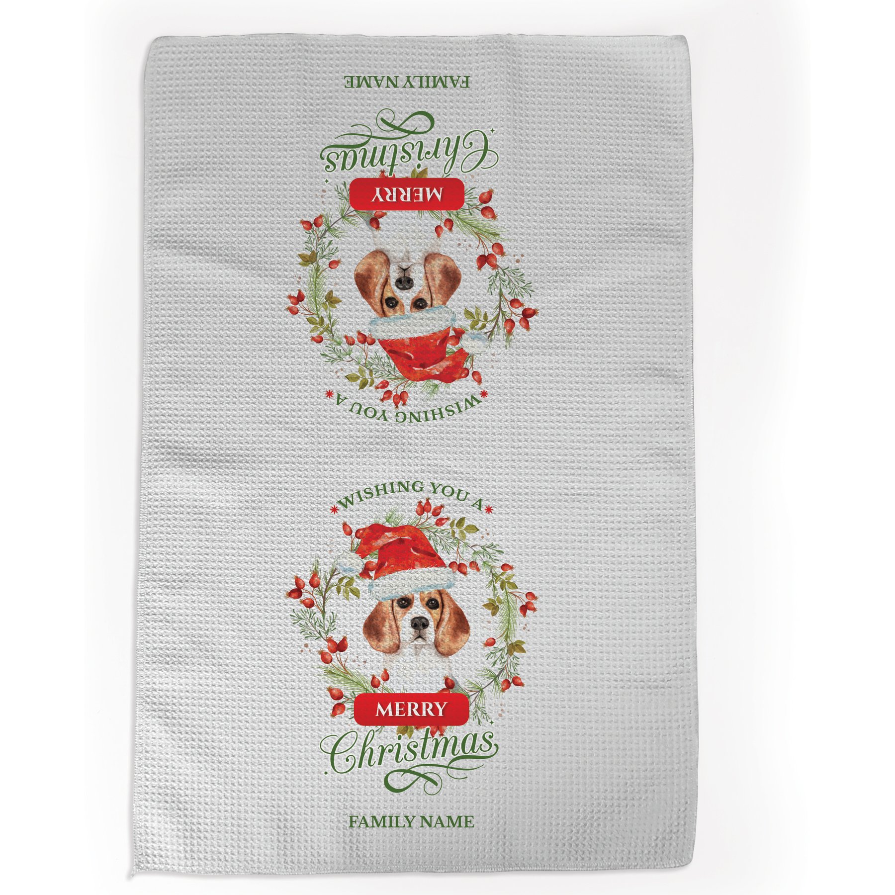 PGS Beagle Wishing You A Merry Christmas Watercolor Pet Breeds Waffle Weave Towel, White/Red/Green, 16 x 24-in