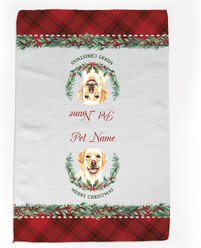 PGS Yellow Labrador Watercolor Dog Breed with Plaid & Winter Watercolor Foliage Waffle Weave Towel, White/Red/Green, 16 x 24-in
