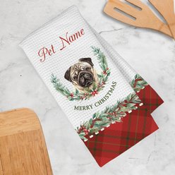 PGS Pug Watercolor Dog Breed with Plaid & Winter Watercolor Foliage Waffle Weave Towel, White/Red/Green, 16 x 24-in slide 2 of 2