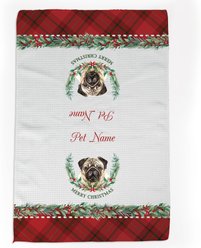 PGS Pug Watercolor Dog Breed with Plaid & Winter Watercolor Foliage Waffle Weave Towel, White/Red/Green, 16 x 24-in