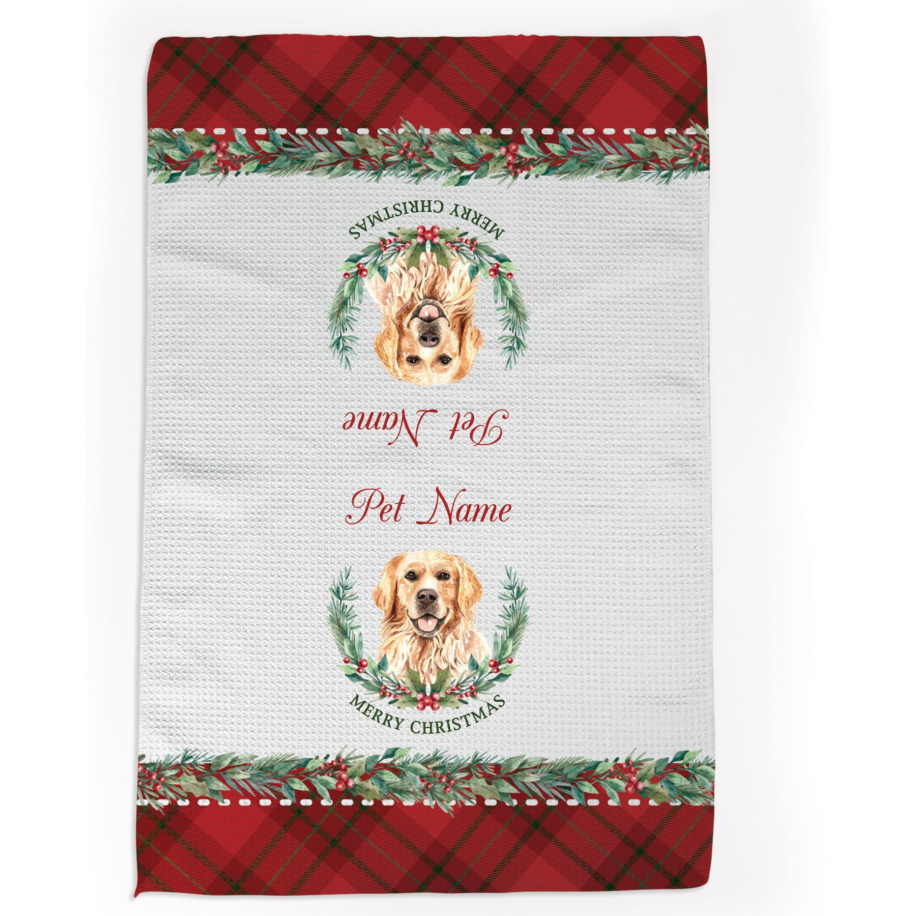 PGS Golden Retriever Watercolor Dog Breed with Plaid & Winter Watercolor Foliage Waffle Weave Towel, White/Red/Green, 16 x 24-in
