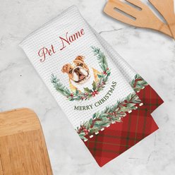 PGS Bulldog Watercolor Dog Breed with Plaid & Winter Watercolor Foliage Waffle Weave Towel, White/Red/Green, 16 x 24-in slide 2 of 2
