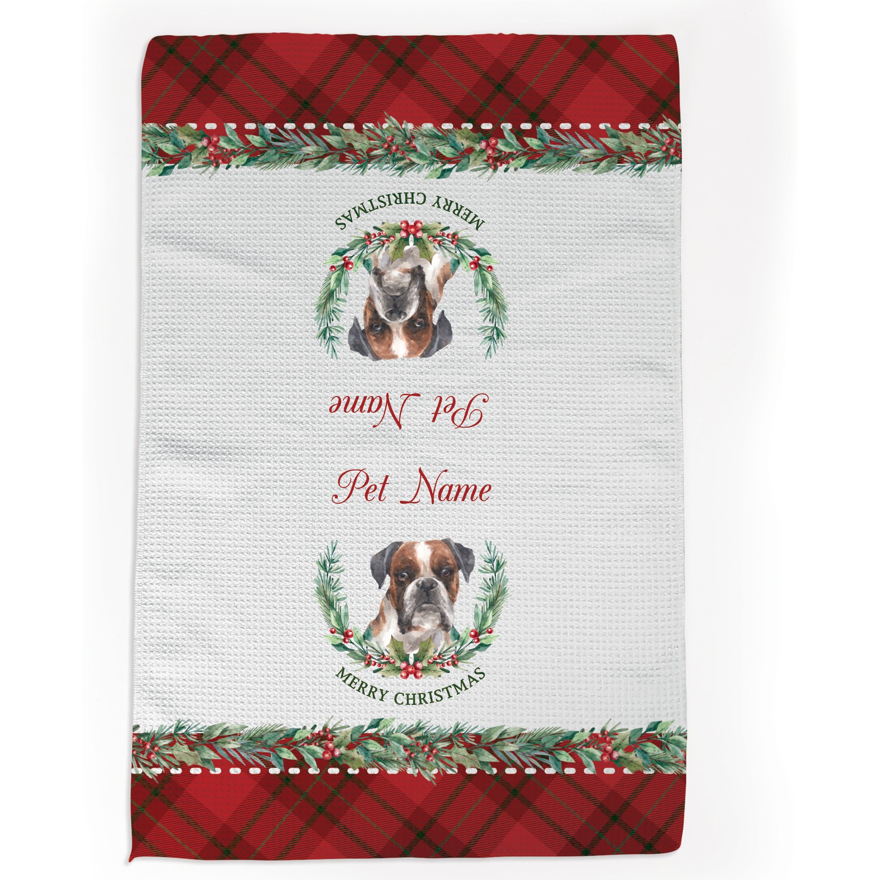 PGS Boxer Watercolor Dog Breed with Plaid & Winter Watercolor Foliage Waffle Weave Towel, White/Red/Green, 16 x 24-in