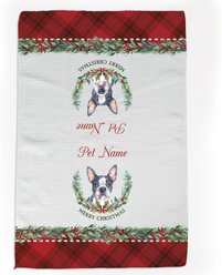 PGS Boston Terrier Watercolor Dog Breed with Plaid & Winter Watercolor Foliage Waffle Weave Towel, White/Red/Green, 16 x 24-in