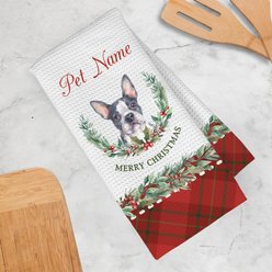 PGS Boston Terrier Watercolor Dog Breed with Plaid & Winter Watercolor Foliage Waffle Weave Towel, White/Red/Green, 16 x 24-in slide 2 of 2