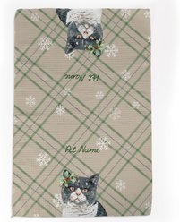 PGS British Shorthair Cat Watercolor Cats with Holly over the ear on Neutral Plaid Background Waffle Weave Towel, Green/Red/Grey/White, 16 x 24-in