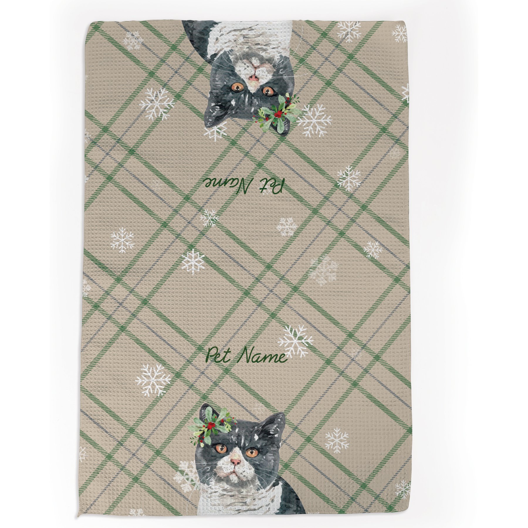 PGS British Shorthair Cat Watercolor Cats with Holly over the ear on Neutral Plaid Background Waffle Weave Towel, Green/Red/Grey/White, 16 x 24-in
