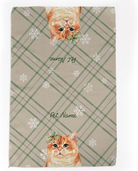 PGS Orange Cat Watercolor Cats with Holly over the ear on Neutral Plaid Background Waffle Weave Towel, Green/Red/Grey/White, 16 x 24-in