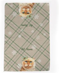 PGS Scottish Fold Cat Watercolor Cats with Holly over the ear on Neutral Plaid Background Waffle Weave Towel, Green/Red/Grey/White, 16 x 24-in