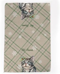 PGS American Shorthair Cat Watercolor Cats with Holly over the ear on Neutral Plaid Background Waffle Weave Towel, Green/Red/Grey/White, 16 x 24-in