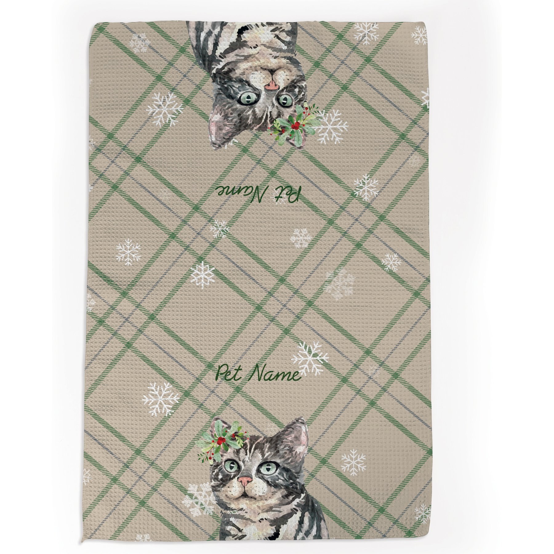 PGS American Shorthair Cat Watercolor Cats with Holly over the ear on Neutral Plaid Background Waffle Weave Towel, Green/Red/Grey/White, 16 x 24-in