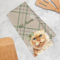 PGS Scottish Fold Cat Watercolor Cats with Holly over the ear on Neutral Plaid Background Waffle Weave Towel, Green/Red/Grey/White, 16 x 24-in slide 2 of 2