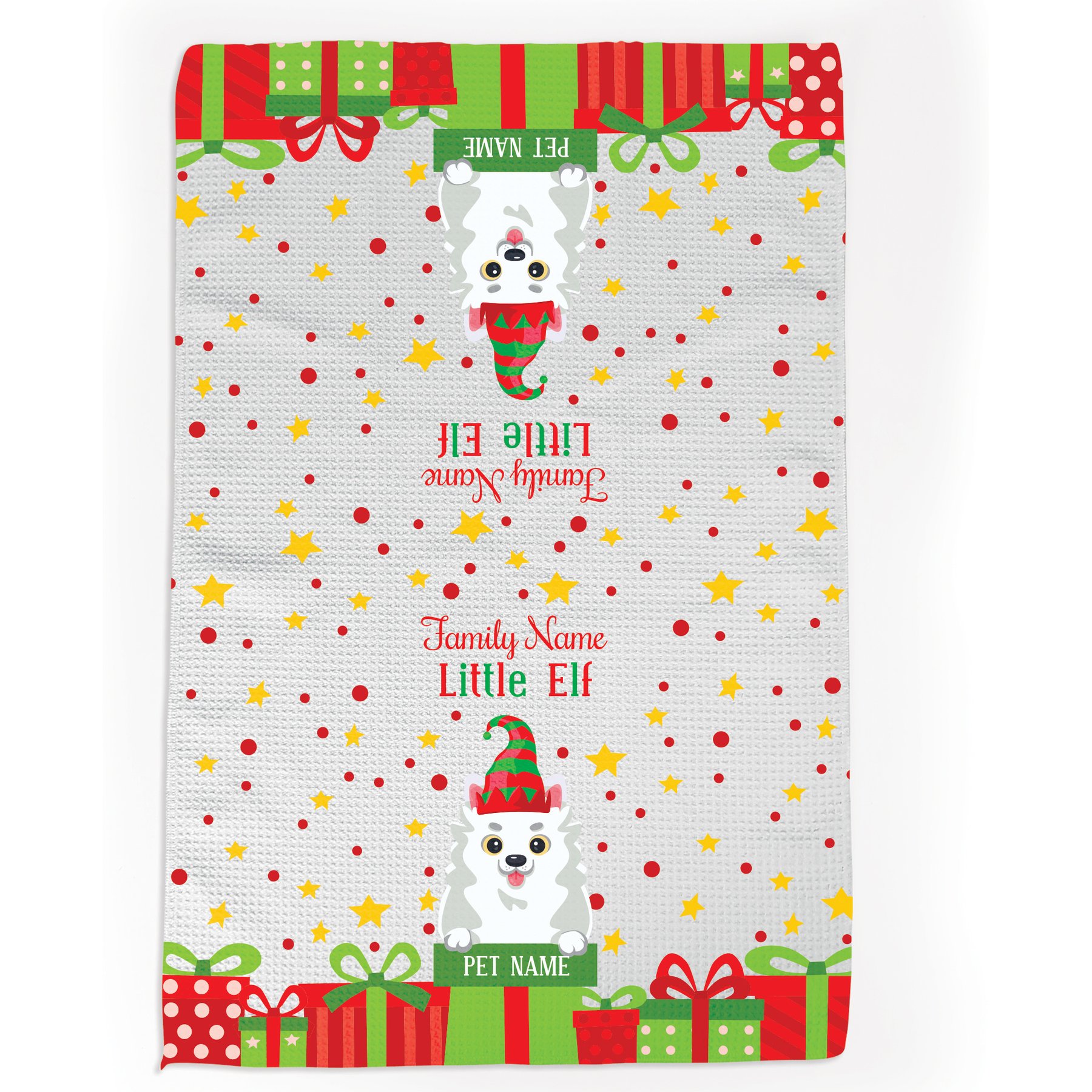 PGS Pomeranian Little Elf Christmas Pet Breed Waffle Weave Towel, White/Red/Green/Yellow, 16 x 24-in
