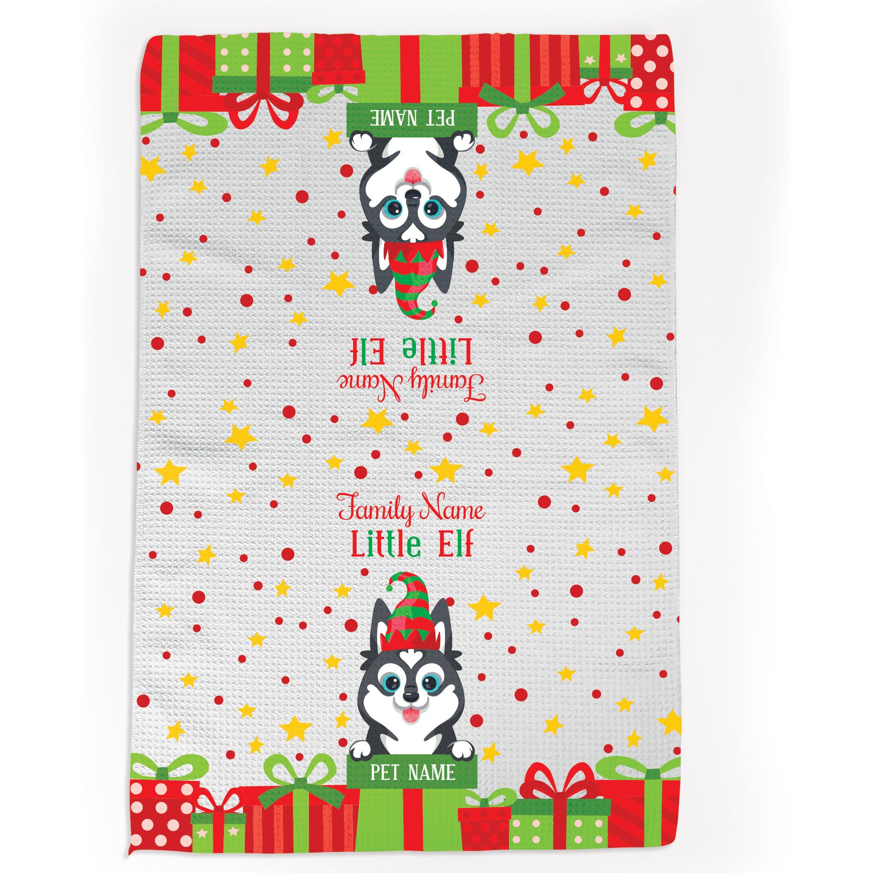 PGS Husky Little Elf Christmas Pet Breed Waffle Weave Towel, White/Red/Green/Yellow, 16 x 24-in