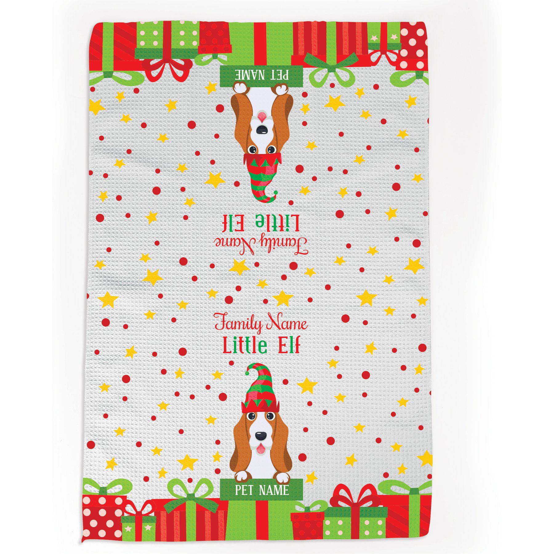 PGS Beagle Little Elf Christmas Pet Breed Waffle Weave Towel, White/Red/Green/Yellow, 16 x 24-in