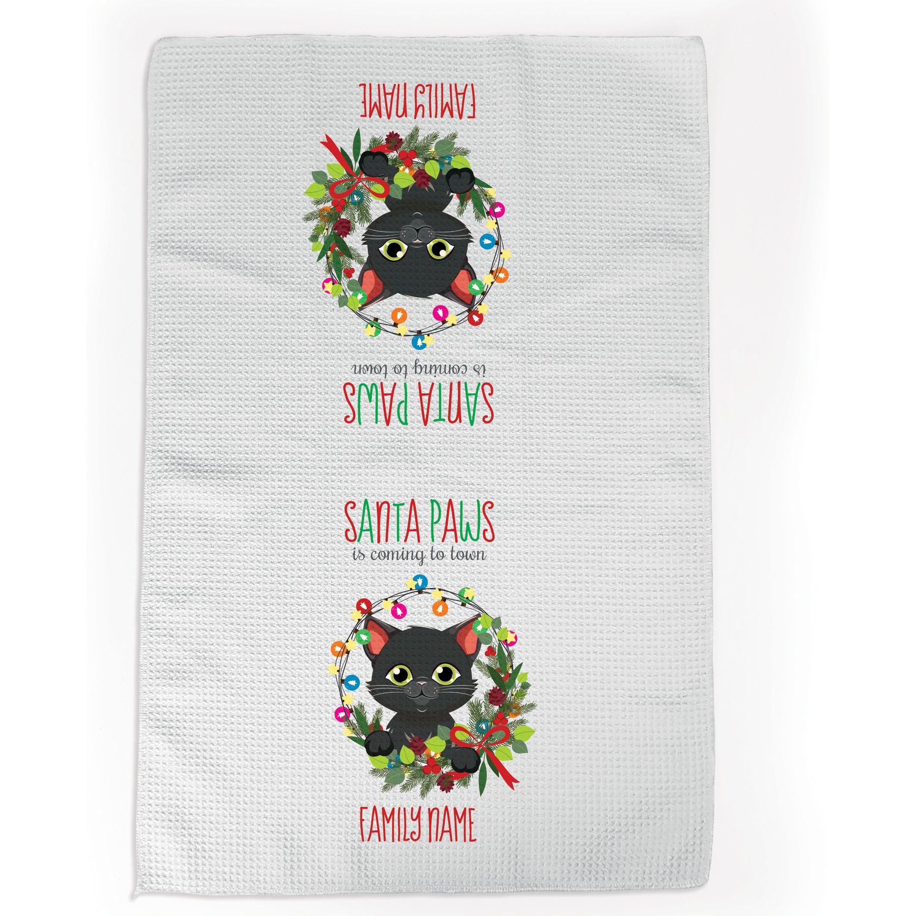 PGS Black Cat Holiday Lights Pet Breeds Waffle Weave Towel, White/Red/Green, 16 x 24-in