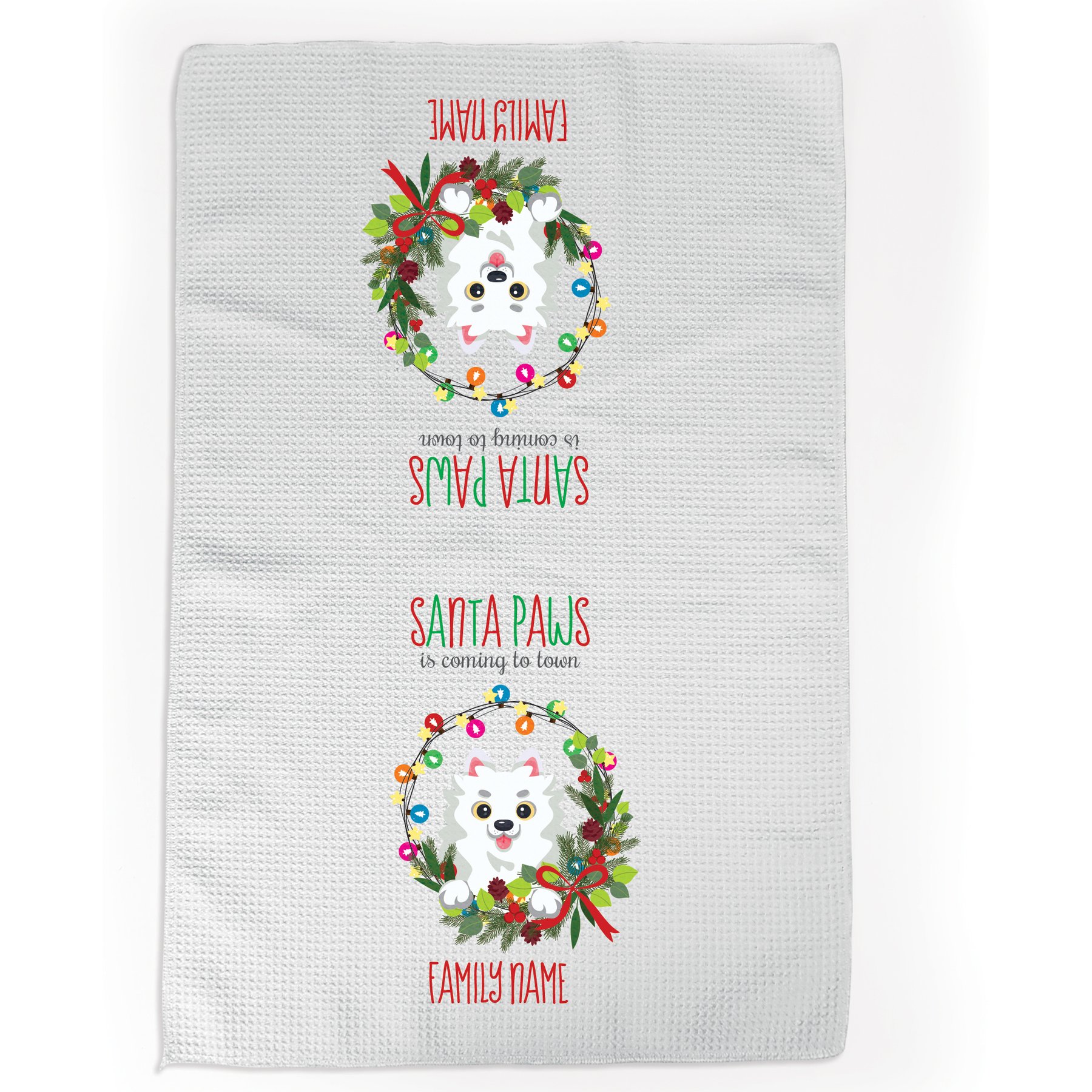 PGS Pomeranian Holiday Lights Pet Breeds Waffle Weave Towel, White/Red/Green, 16 x 24-in