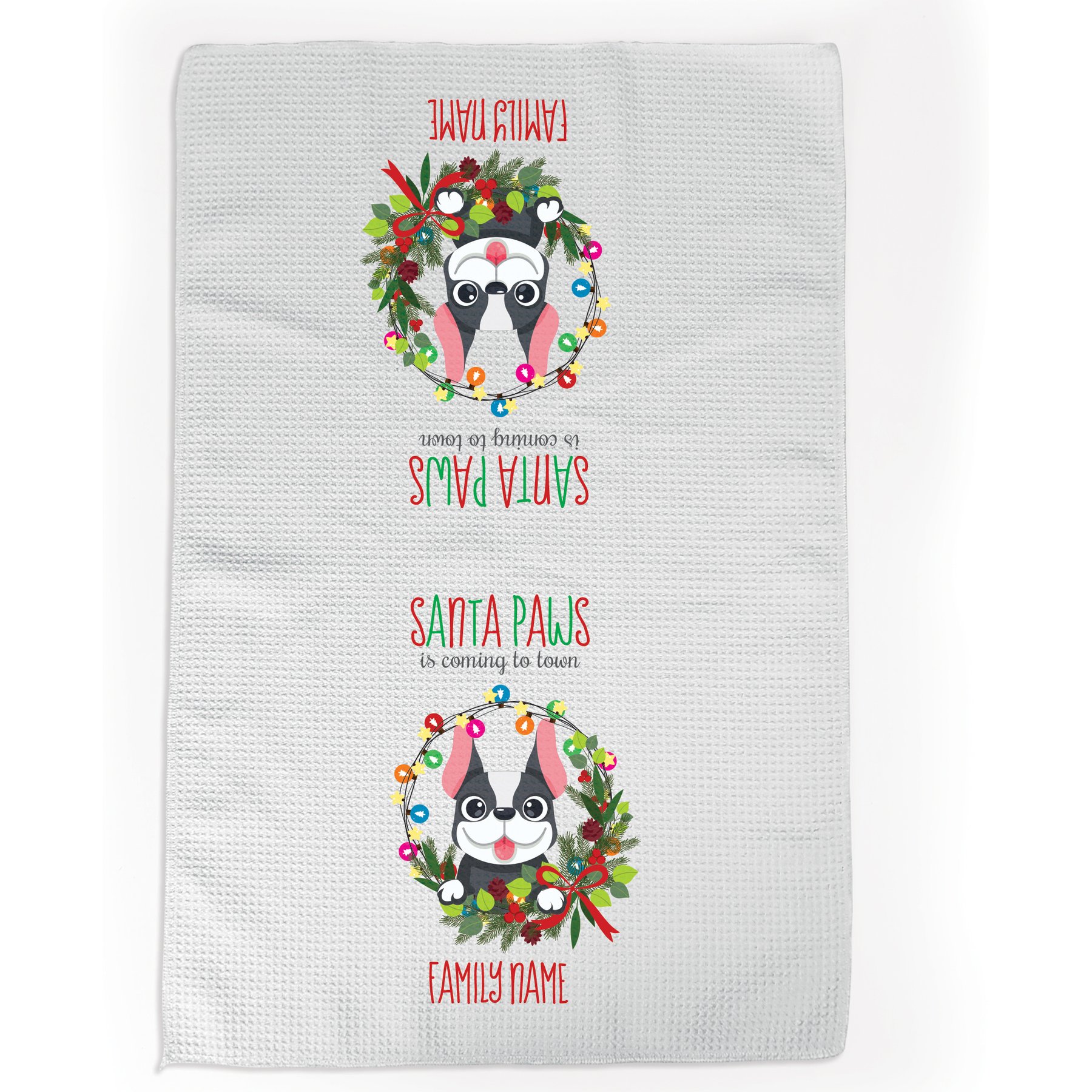PGS Boston Terrier Holiday Lights Pet Breeds Waffle Weave Towel, White/Red/Green, 16 x 24-in