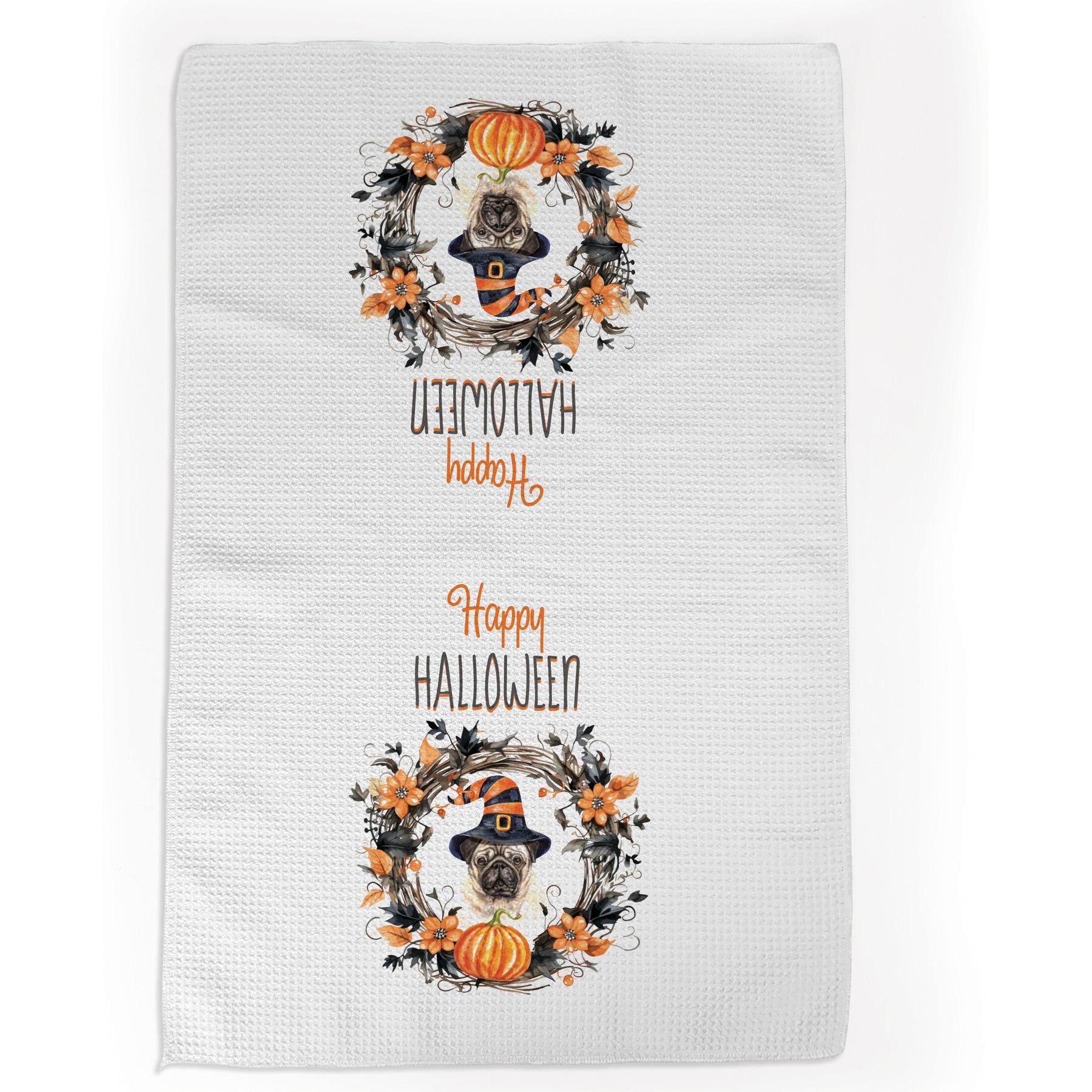 PGS Watercolor Pug with Witch Hat Waffle Weave Towel, White/Orange/Black, 16 x 24-in