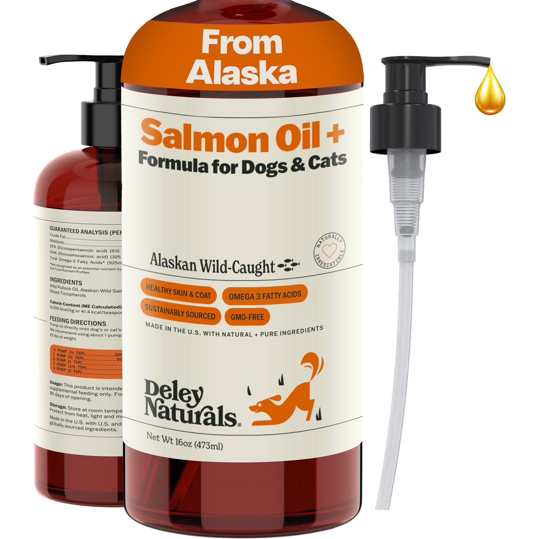 Deley Naturals Wild Alaskan Salmon Oil + for Dogs & Cats, 16-fl oz bottle