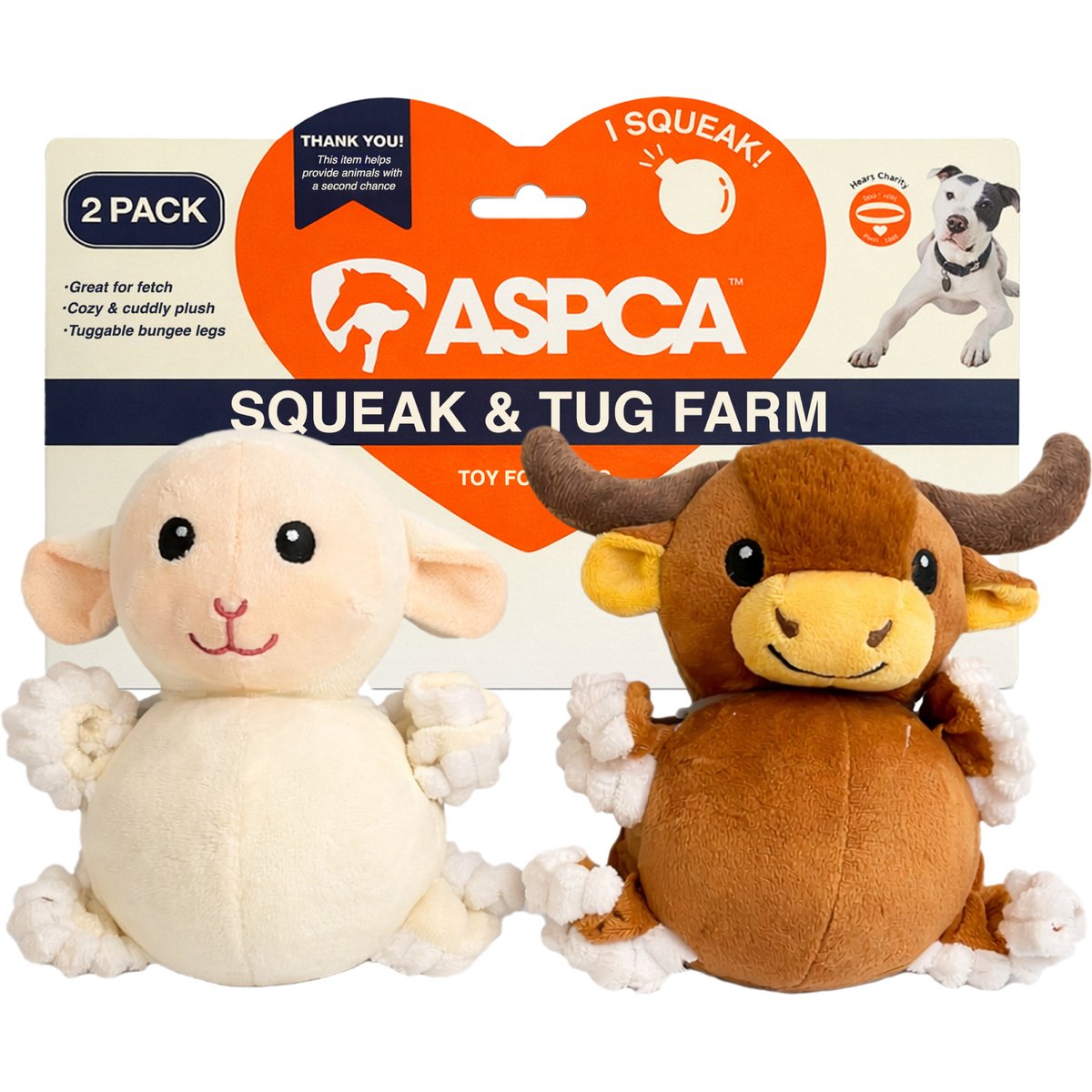 ASPCA Interactive Soft Durable Stuffed Lamb & Cow Squeaky Plush Dog Toy, 2 count