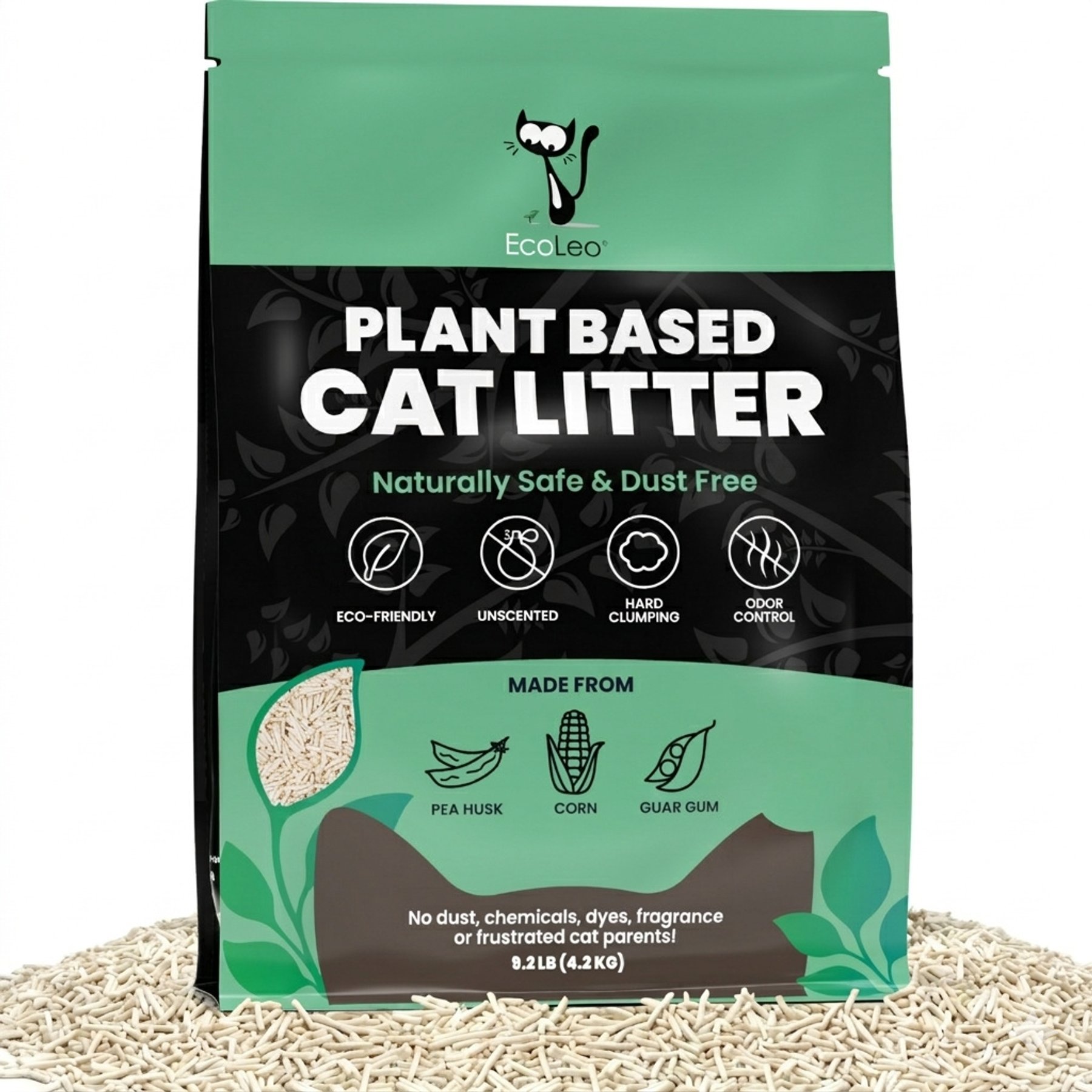 EcoLeo Plant-Based Eco-friendly Pea Husk Dust-Free Flushable Clumping Unscented Natural Pebbles Cat Litter, 9.2-lb bag
