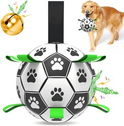Petajoy Tug Of War Interactive Built‑in Bell Squeaky Fetch Foot Ball Dog Toy, White, 6-in
