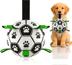 Petajoy Tug Of War Interactive Training Fetch Soccer Ball Dog Toy with Strap, White, 8-in