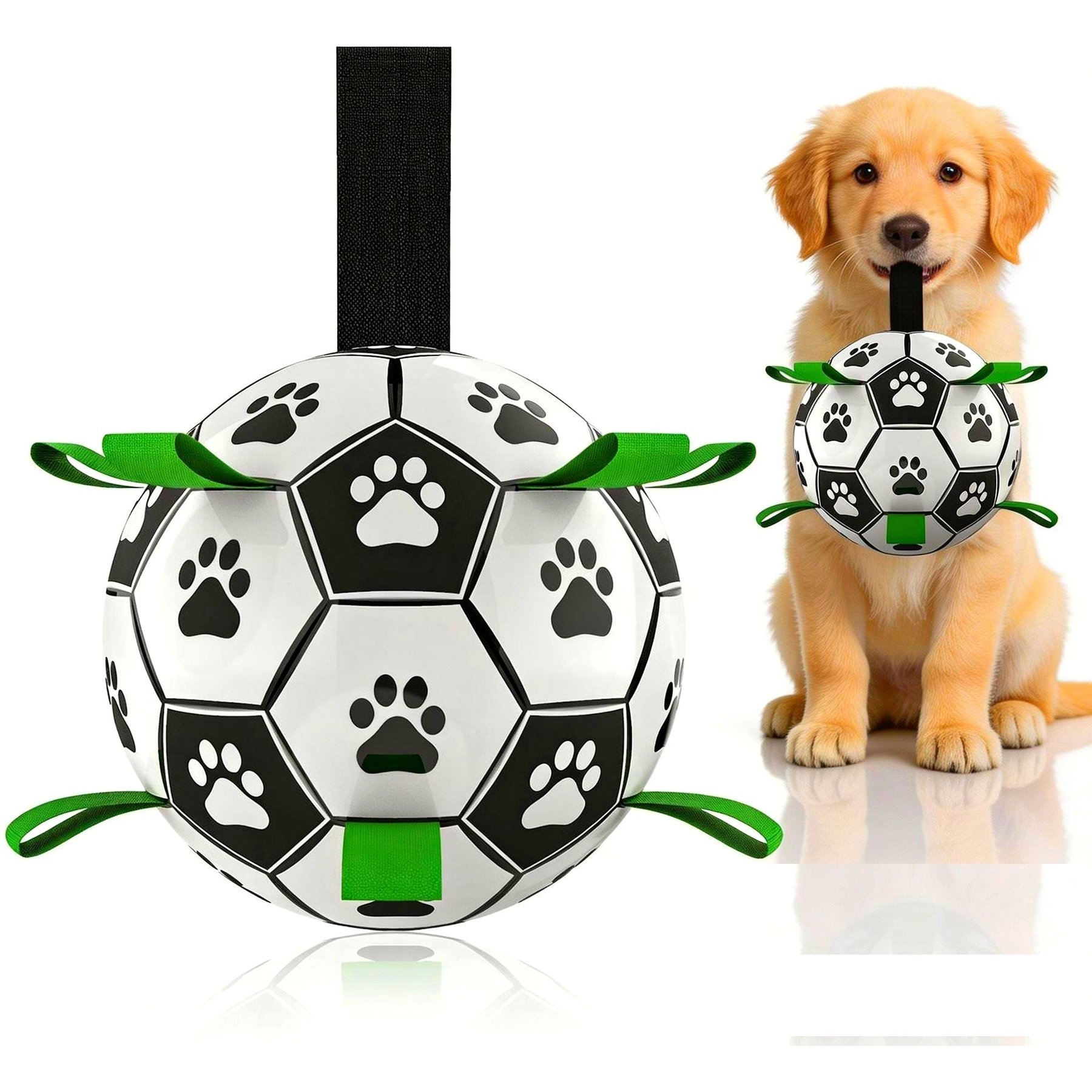 Petajoy Tug Of War Interactive Training Fetch Soccer Ball Dog Toy with Strap, White, 8-in