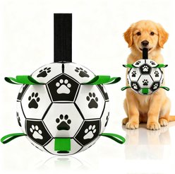 Petajoy Tug Of War Interactive Training Fetch Soccer Ball Dog Toy with Strap, White, 6-in