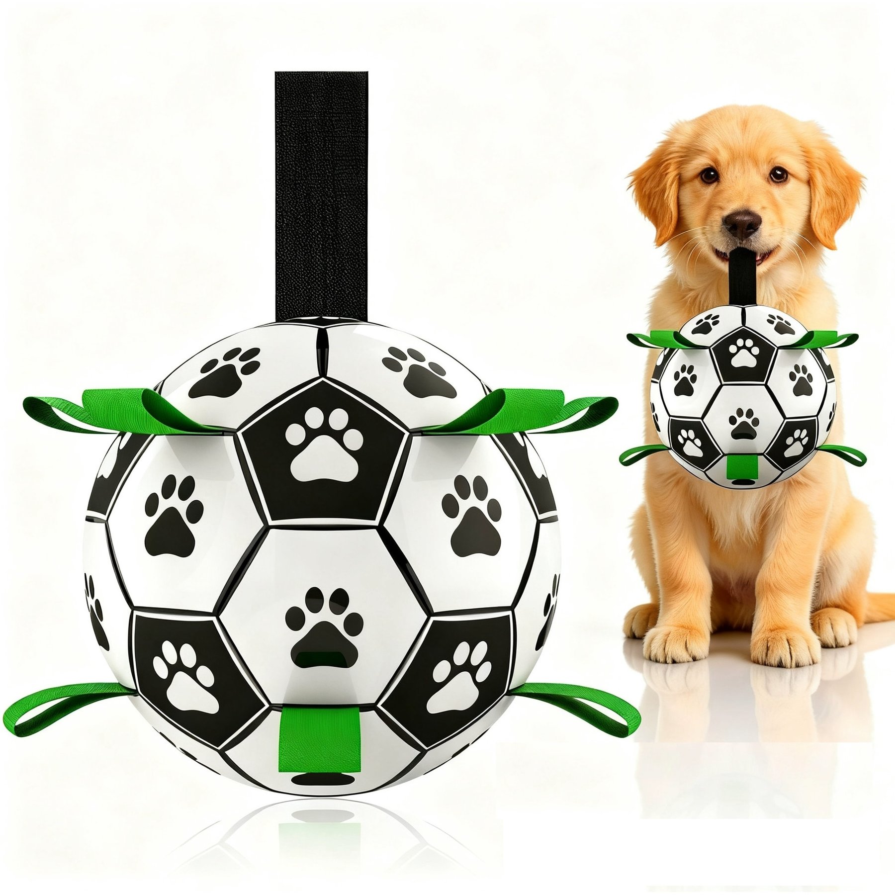 Petajoy Tug Of War Interactive Training Fetch Soccer Ball Dog Toy with Strap, White, 6-in