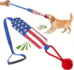Petajoy Interactive American Flag Pulling Squeaky Rope Tug Dog Toy, Blue