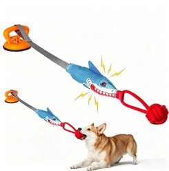 Petajoy Interactive Shark Shape Squeaky Rope Tug Dog Toy with Suction Cup, Blue
