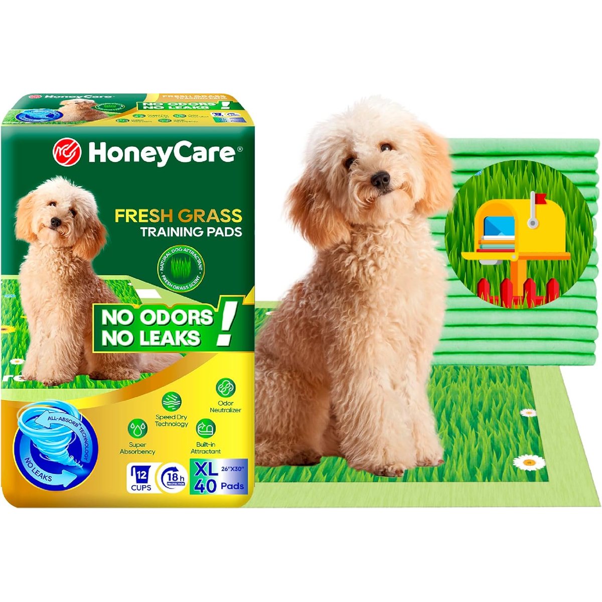 HoneyCare Fresh Grass Print Scent All Absorb Training Dog Potty Pads, X-Large: 26 x 30-in, 40 count