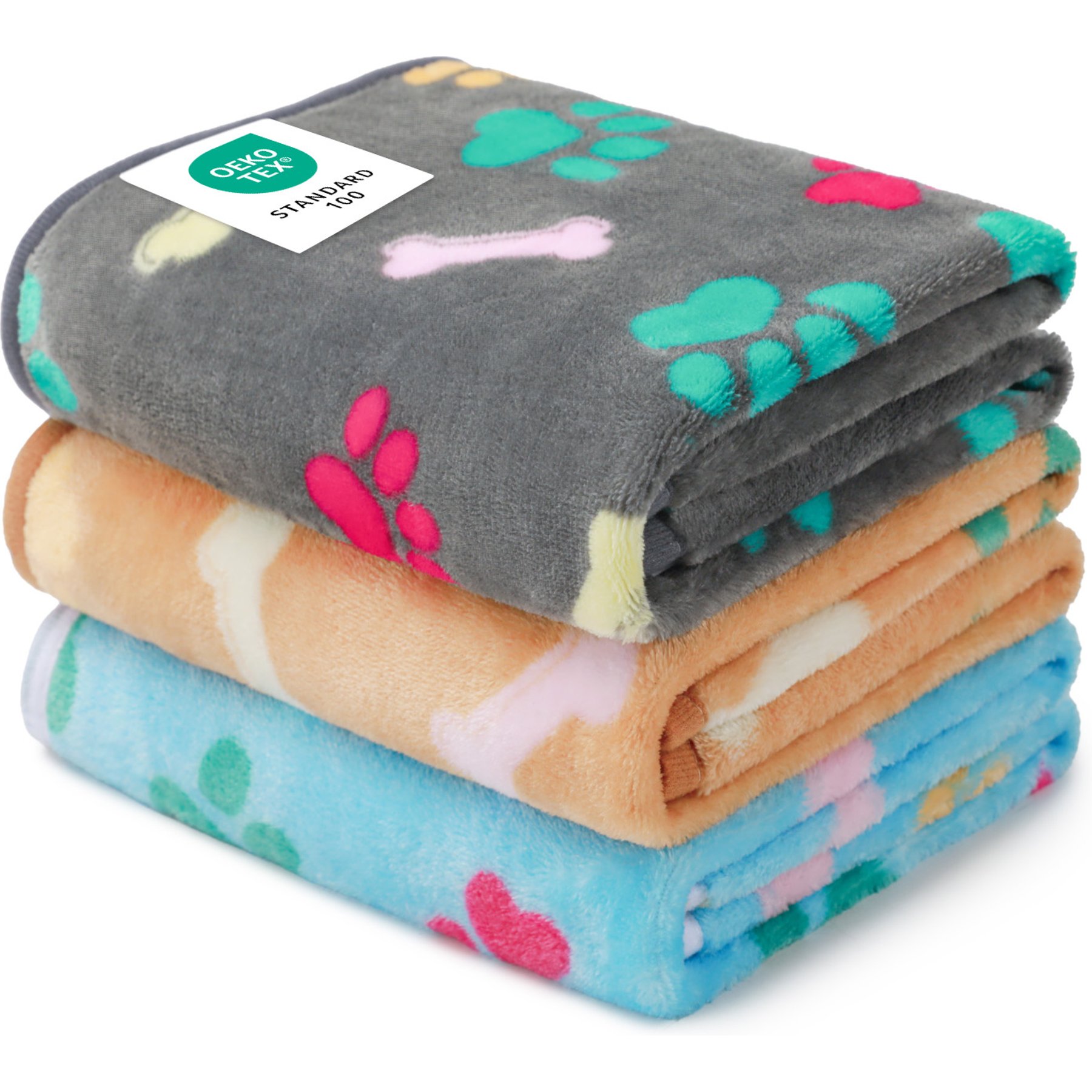 Luciphia Flannel Soft Fleece Paw Print Heated Small Dog & Cat Throw Blanket, 3 count, Bone, 41 x 31-in