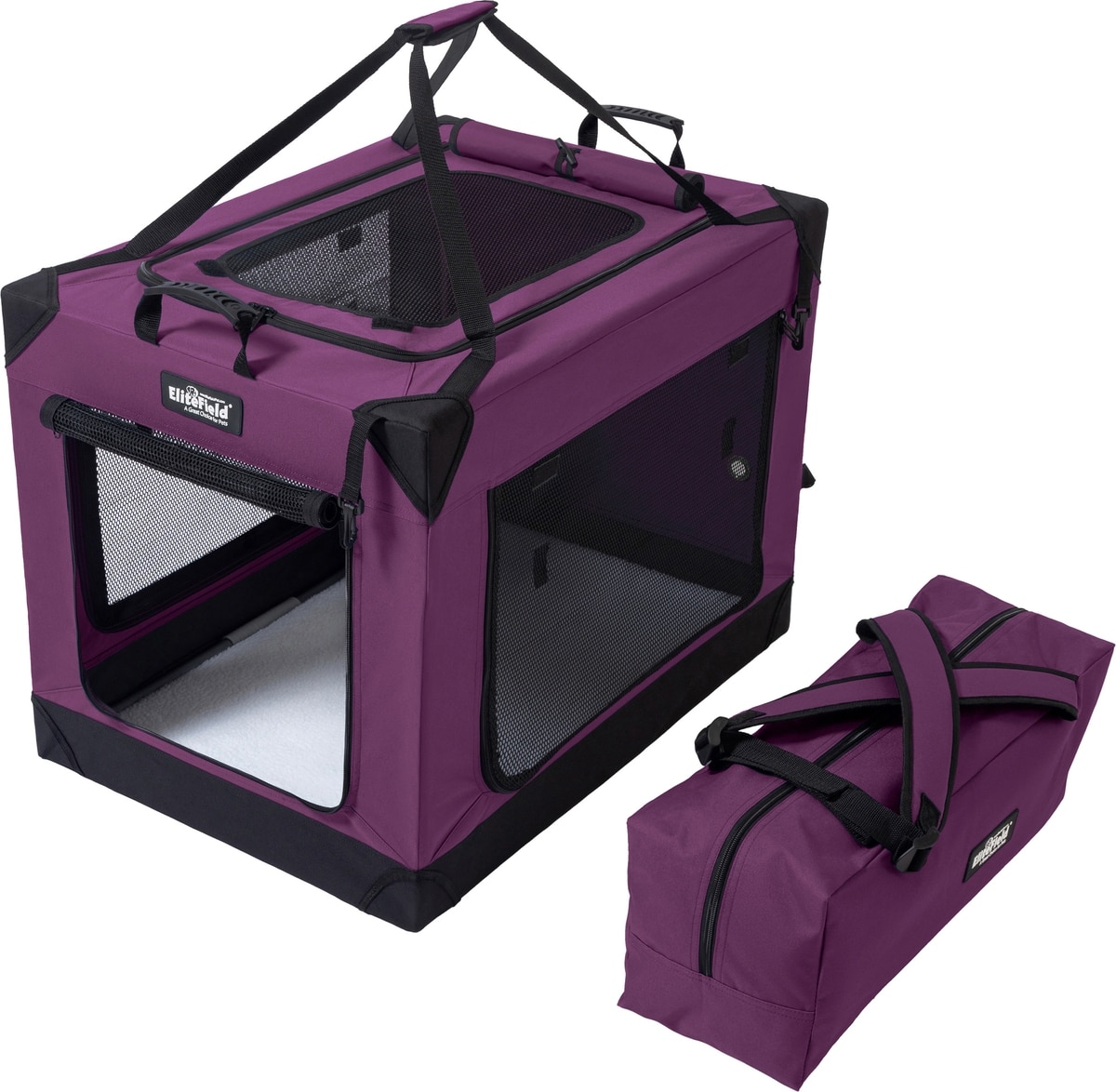 ELITEFIELD 4-Door Foldable Soft-Sided Dog Crate, Purple, 26 x 19 x