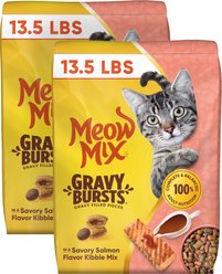 Meow Mix Gravy Bursts Savory Salmon Flavor Mix Gravy Filled Dry Cat Food, 27-lb bundle