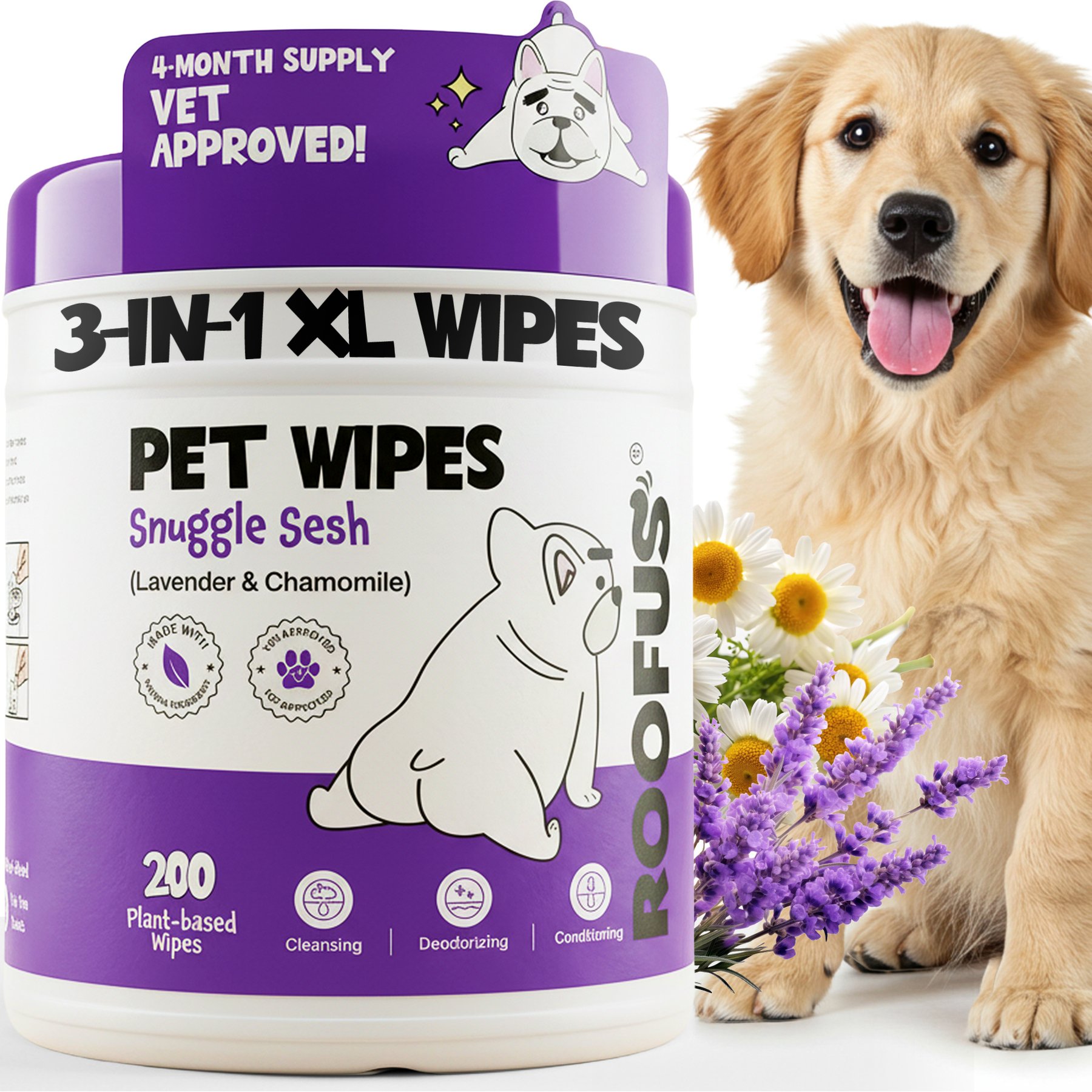 Roofus Snuggle Sesh Zoomie Calming Dog Grooming Wipes, 200 count