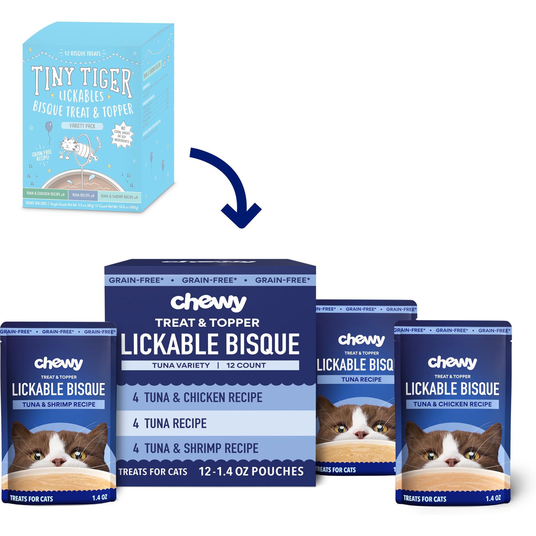 Chewy Made Lickables Bisque Variety Pack Cat Treat & Topper (FORMERLY TINY TIGER), 1.4-oz pouch, case of 12