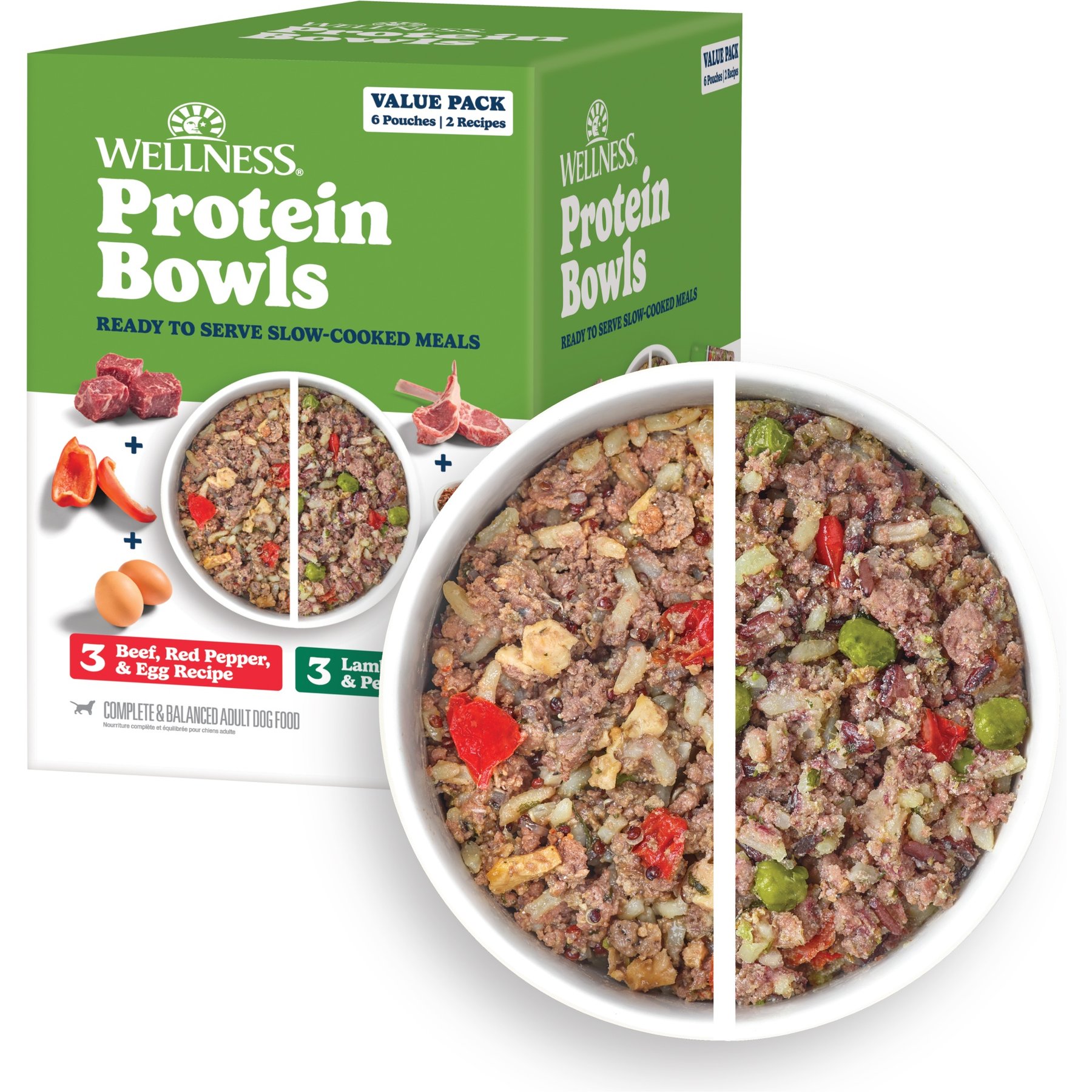 Wellness Protein Bowls Adult Wholesome Grains Beef & Lamb Value Pack Fresh Alternative Dog Food, 6.2-oz pouch, case of 6