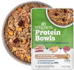 Wellness Protein Bowls Adult Wholesome Grains Duck, Sweet Potato & Cranberries Fresh Alternative Dog Food, 6.2-oz pouch, case of 6