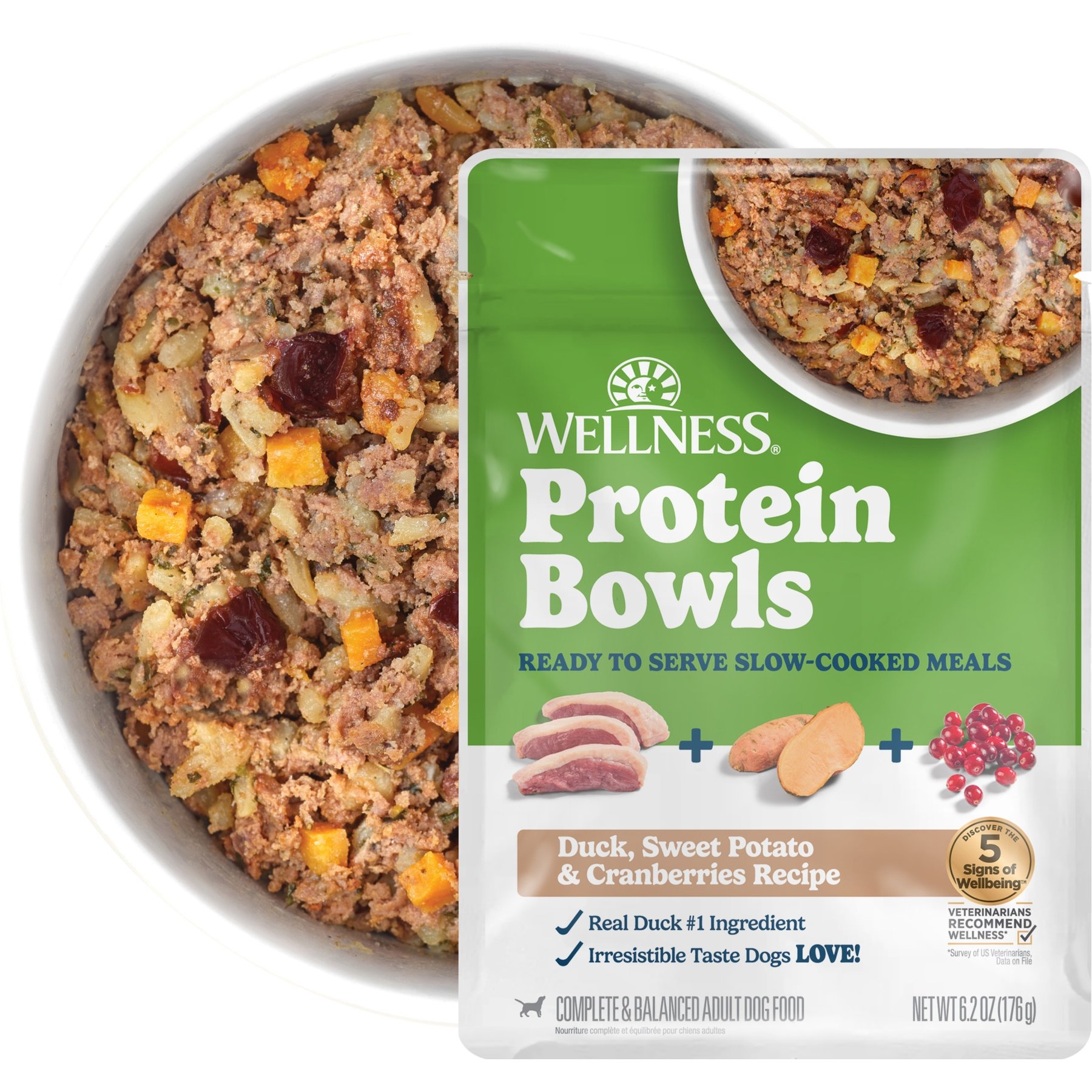 Wellness Protein Bowls Adult Wholesome Grains Duck, Sweet Potato & Cranberries Fresh Alternative Dog Food, 6.2-oz pouch, case of 6